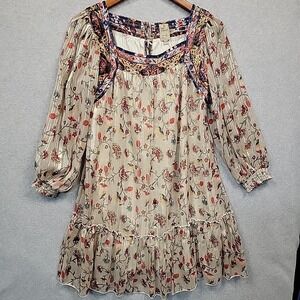 Boho Sheer Lined Floral Peasant Dress S/M Folk Prairie Long Sleeve Knee Length